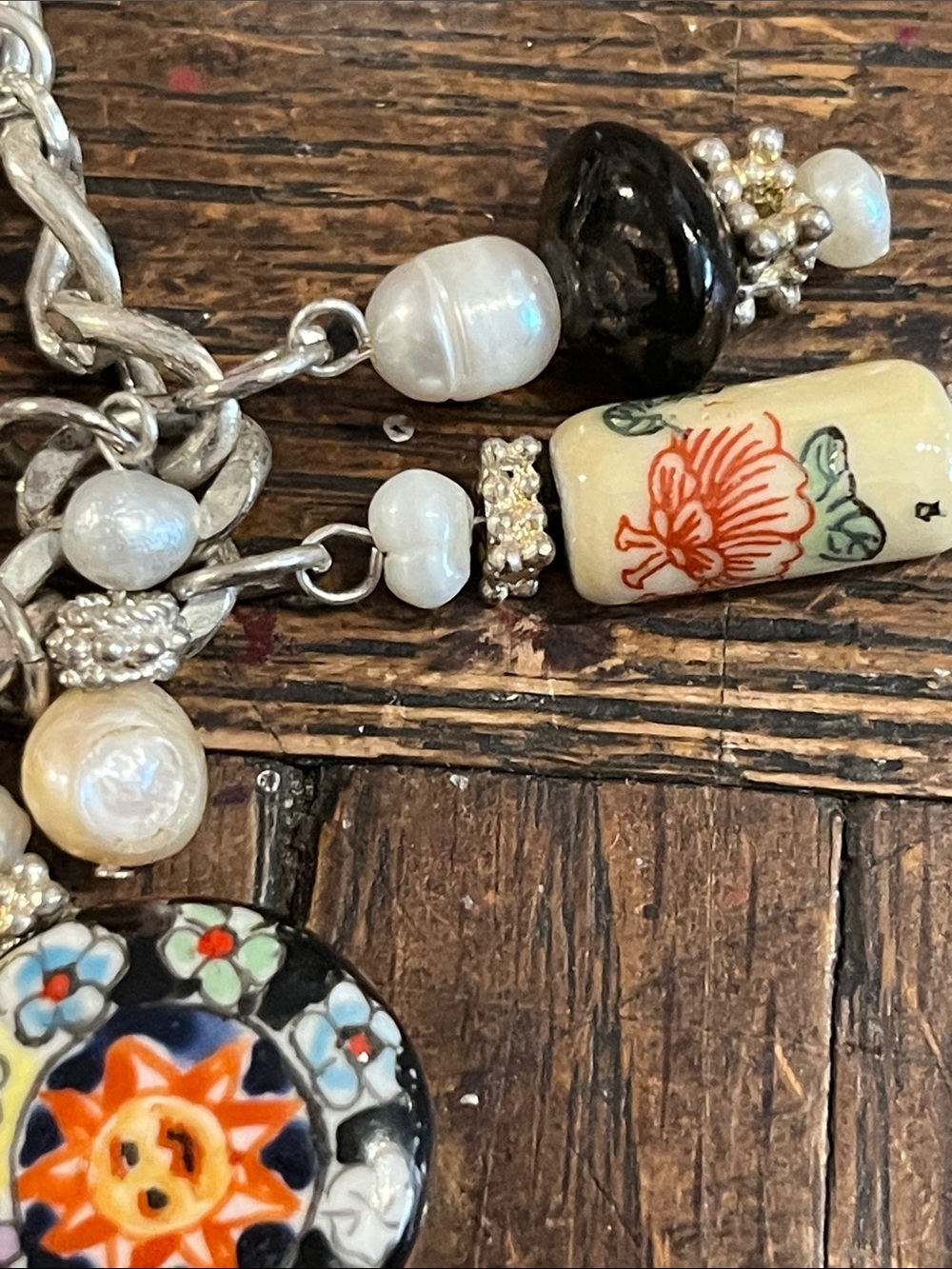 Artisan freshwater Pearl Charm Bracelet -cloisonné/enamel /milifori /charms - Picture 2 of 13